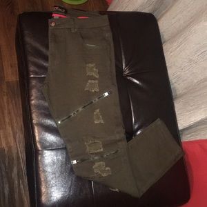 Distressed Olive Green Skinny Jeans w/ Zippers